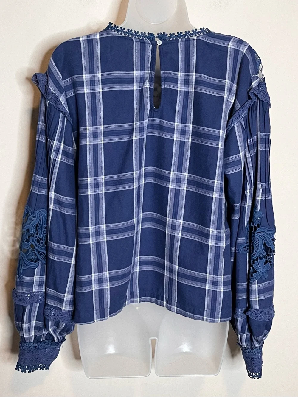 FREE PEOPLE Darling Diana Blue Plaid Lace Boho Blouse Size M